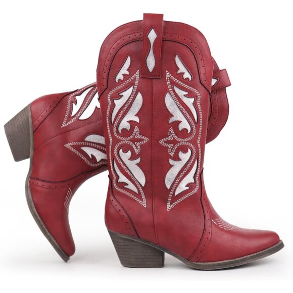 Women's Red Embroidered Pointed Toe Chunky Block Heel Cowgirl Western Booties - Picture 1 of 6